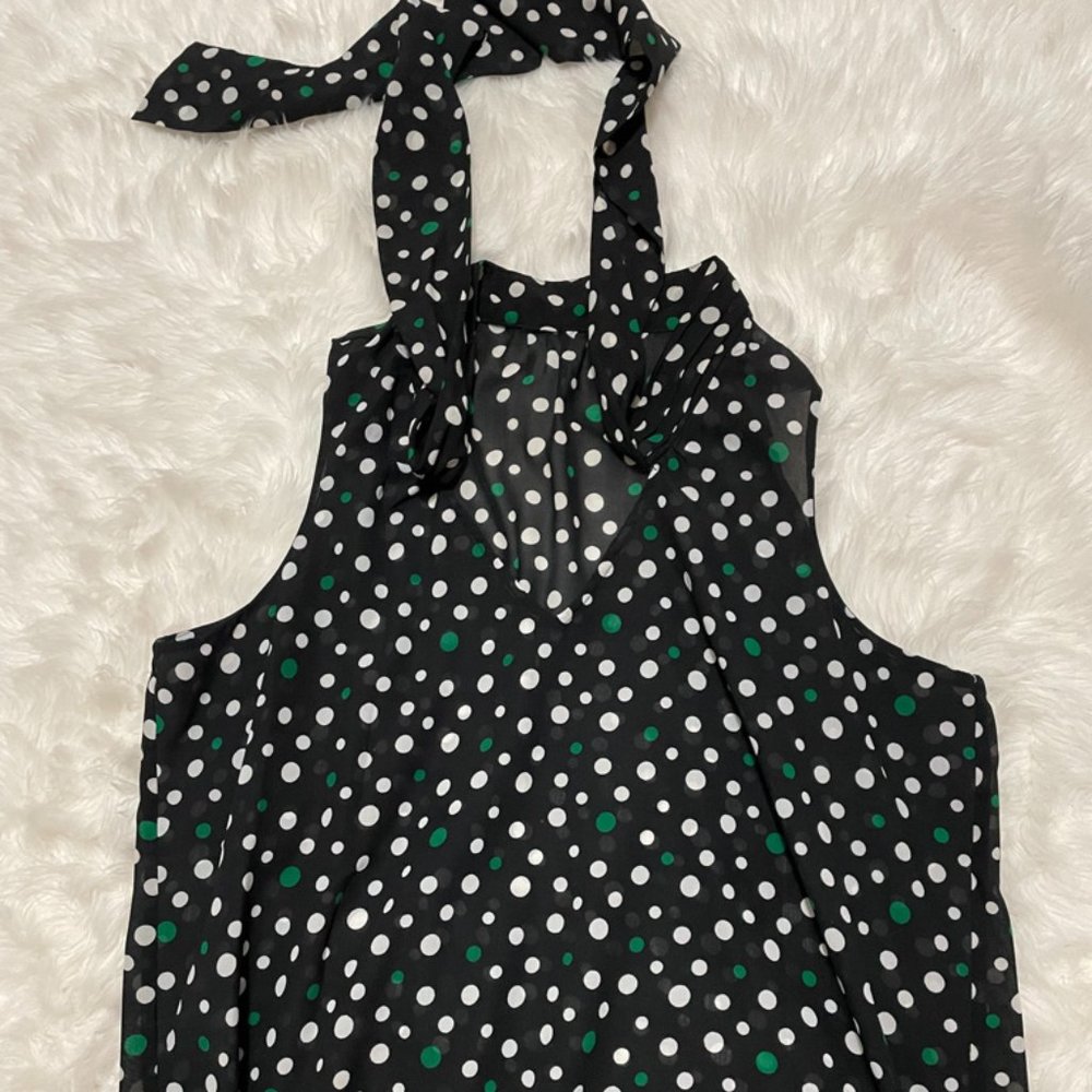 Banana Republic Factory Tie-Neck Black with White & green Polka dot Print XL - Picture 4 of 12